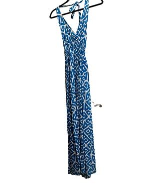 Embellish Blue White Geometric Halter Maxi Dress Smocked Y2K Vintage